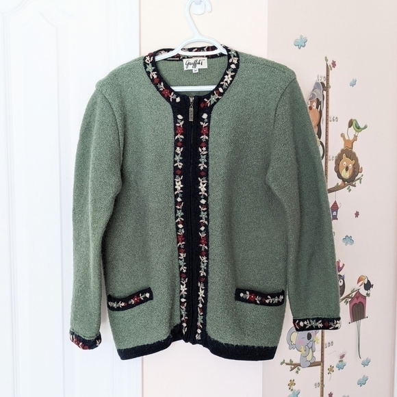 VINTAGE wool sage/olive green embroidered flowers knit cardigan Small @G - Picture 8 of 10